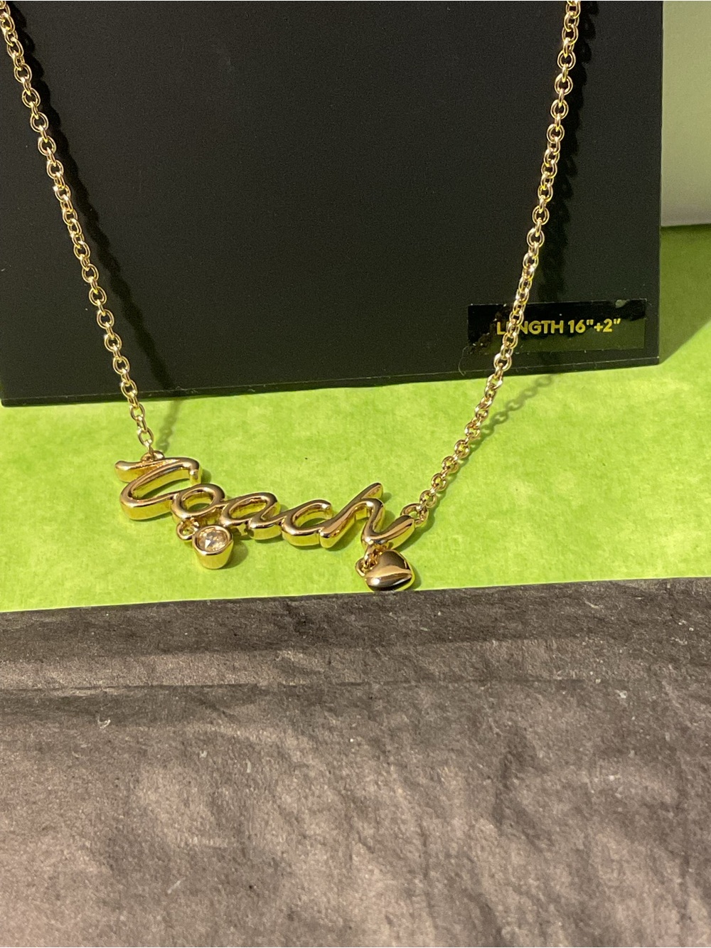 Coach Gold Script Logo Charm Necklace with Accent Stones